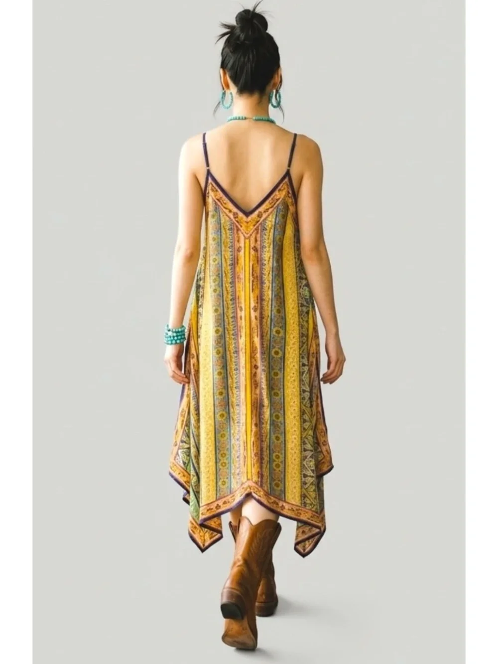 Flying Tomato Yellow Boho Print Handkerchief Hem Midi Dress | V Neck Sleeveless - Picture 3 of 5